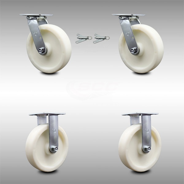 8 Inch Stainless Steel Nylon Caster Set with Ball Bearings 2 Swivel Lock 2 Rigid